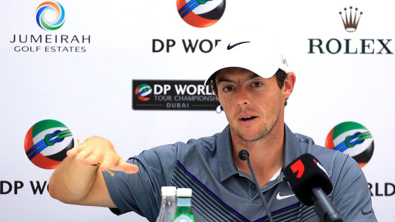 DUBAI, UNITED ARAB EMIRATES - NOVEMBER 17:  Rory McIlroy of Northern Ireland speaks to the media during his pre-tournament Press Conference as a preview fo