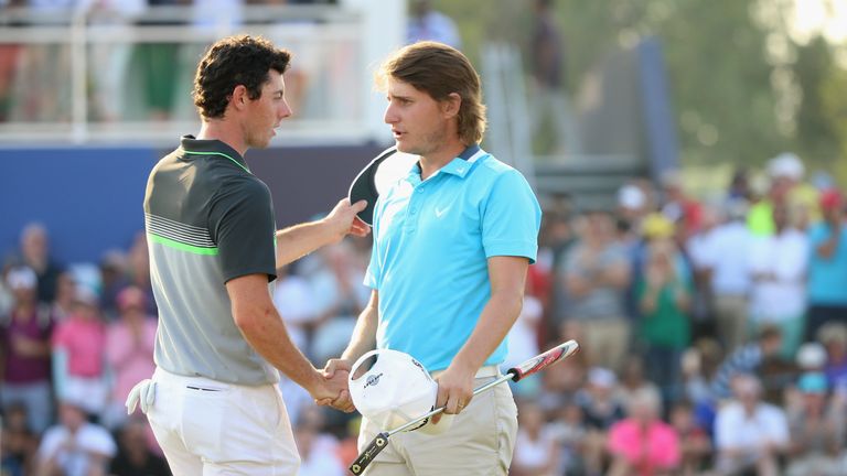 Rory McIlroy and Emiliano Grillo after the second round of the DP World Tour Championship on the Earth Course at Jumeirah Golf Estates