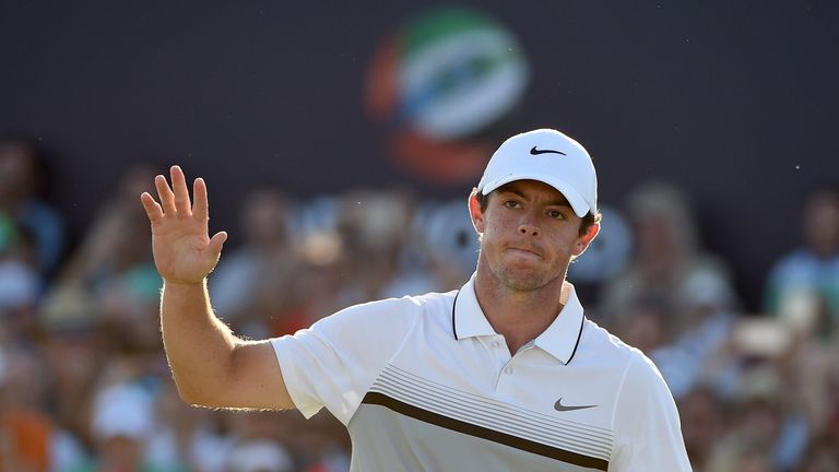 Rory McIlroy celebrates his first win since his unfortunate ankle injury in July