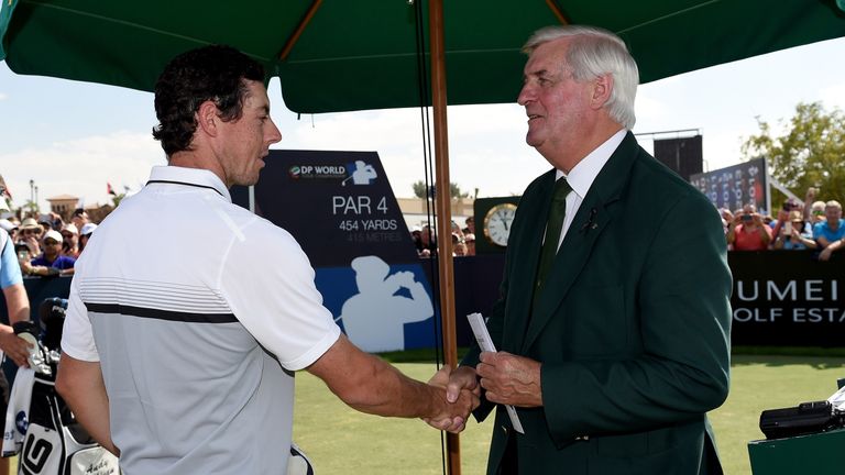 Rory McIlroy, who was playing in the final group with Andy Sullivan on Sunday, says goodbye to Ivor Robson in Dubai