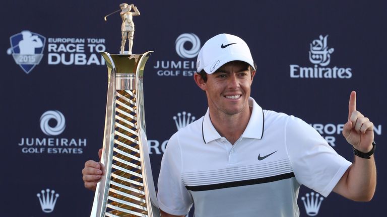 Rory McIlroy of Northern Ireland poses with his trophy after winning the DP World Tour Golf Championship in Dubai