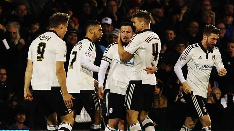 Ross McCormack (C) of Fulham celebrates with team mates after scoring against Preston