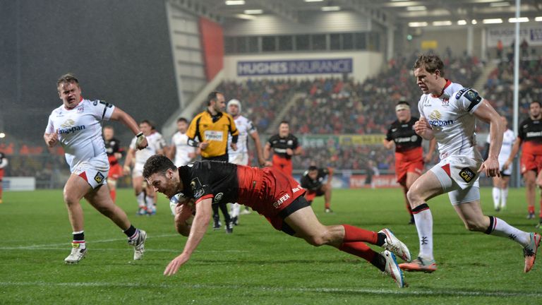 Duncan Taylor dives over for Saracens' third try in Belfast