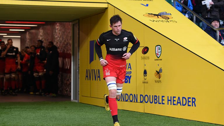 Ernst Joubert leads Saracens out at Twickenham on his last appearance