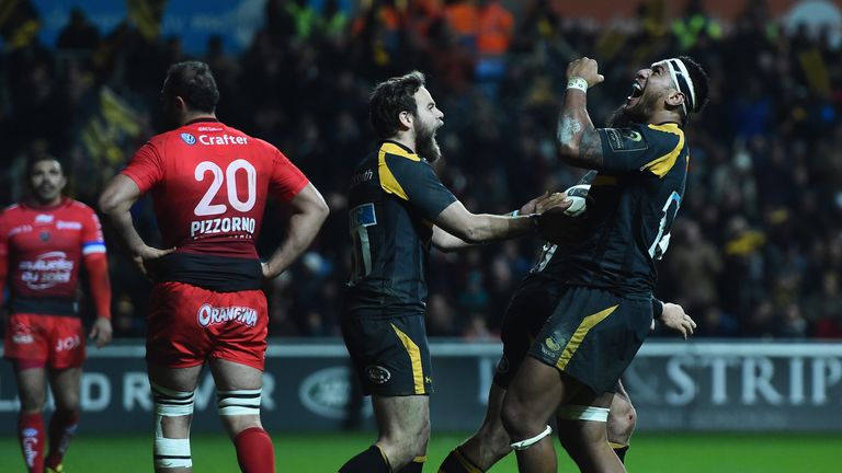 Nathan Hughes (right) celebrates after scoring his second and Wasps' fourth try against Toulon