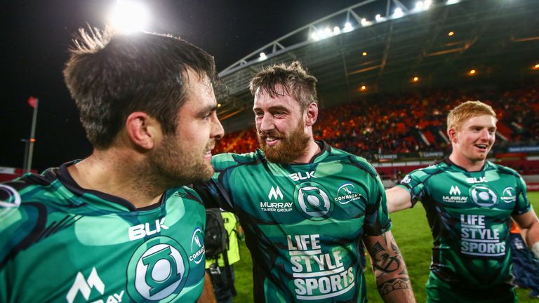 Connacht's Ronan Loughney and Aly Muldowney celebrate after the win over Munster