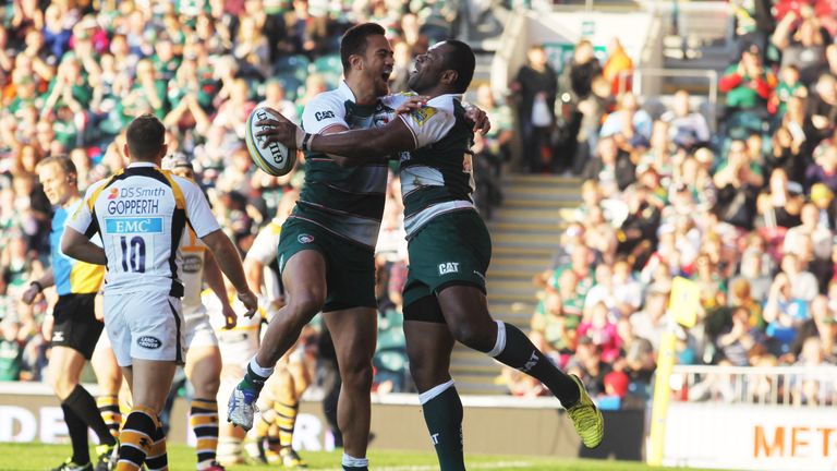 Leicester centre Vereniki Goneva (right) celebrates his try against Wasps with Peter Betham