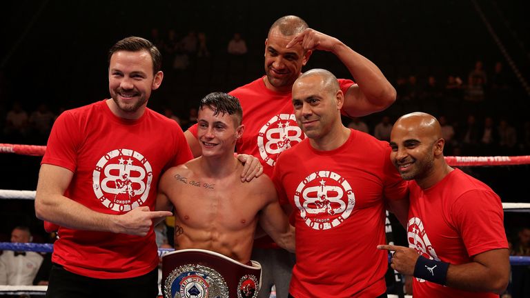 Ryan Burnett of Northern Ireland celebrates after defeating Gagi Edisherashvili of Georgia during their WBO European Bantamweight Championship bout 