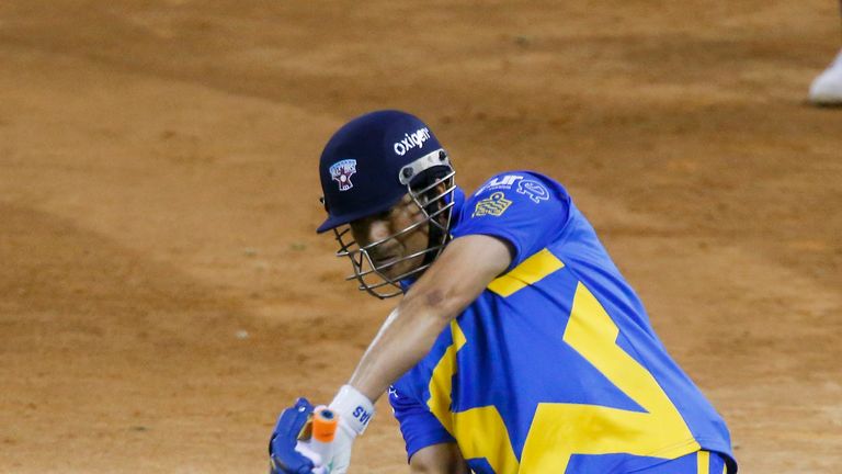 HOUSTON, TX - NOVEMBER 11:  Sachin Tendulkar #10 of Sachin's Blasters bats during the Cricket All-Stars match at Minute Maid Park