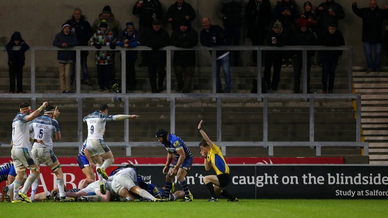 Newcastle Falcons score their second try of the game against Sale Sharks