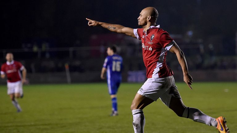 Salford City's Danny Webber celebrates after opening the scoring