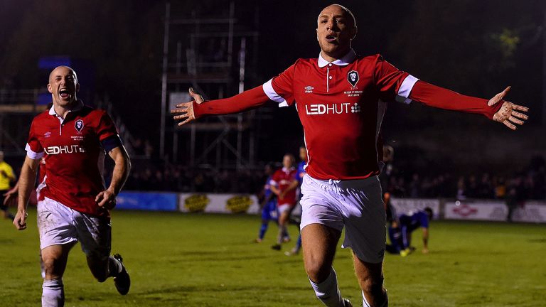 Salford City's Richie Allen celebrates after scoring his side's second goal