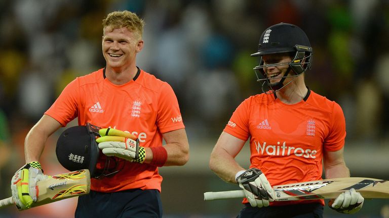 Sam Billings leaves the field alongside England captain Eoin Morgan