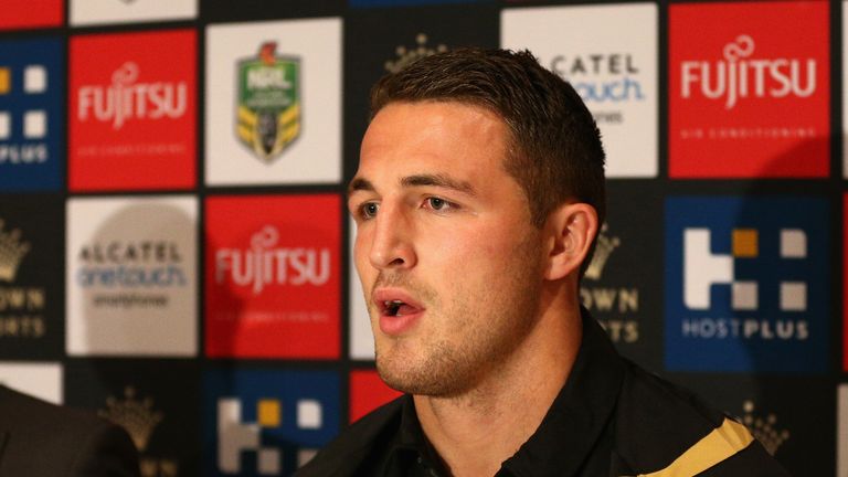 Sam Burgess speaks to the media after arriving in Sydney