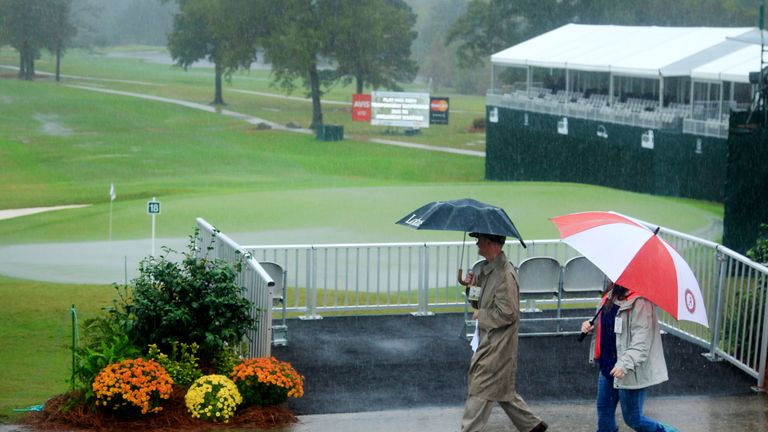A view of the 18th green flooded after heavy rains during a continuation of the second round of the Sanderson Farms Championship