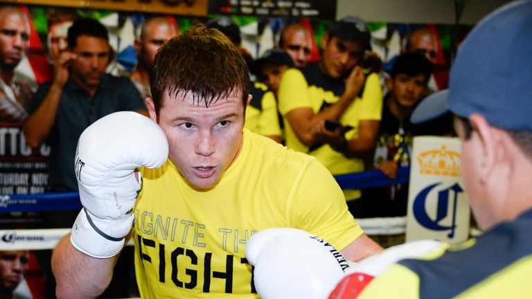 SAN DIEGO, CA - OCTOBER 29:   Canelo Alvarez, former WBC and WBA Super Welterweight World Champion, left, works out in the ring with head trainer Eddy Reyn