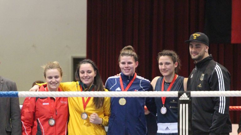 Savannah Marshall (centre) on the podium in Germany