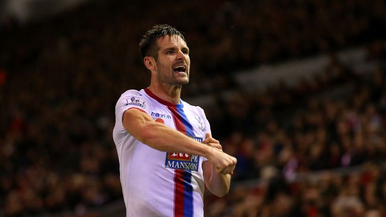 Scott Dann of Crystal Palace celebrates scoring his side's second goal against Liverpool