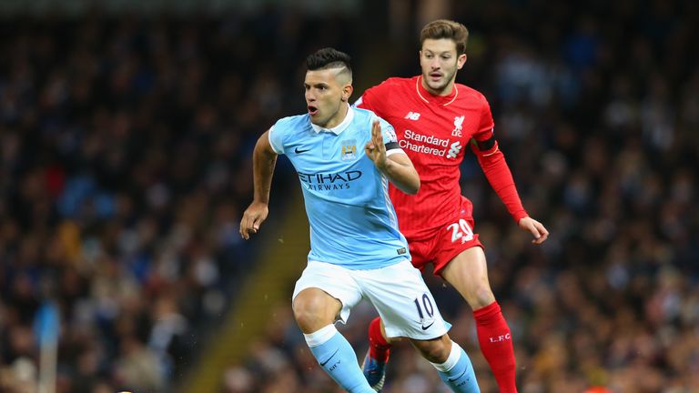 Sergio Aguero of Manchester City and Adam Lallana of Liverpool during the Barclays Premier League match