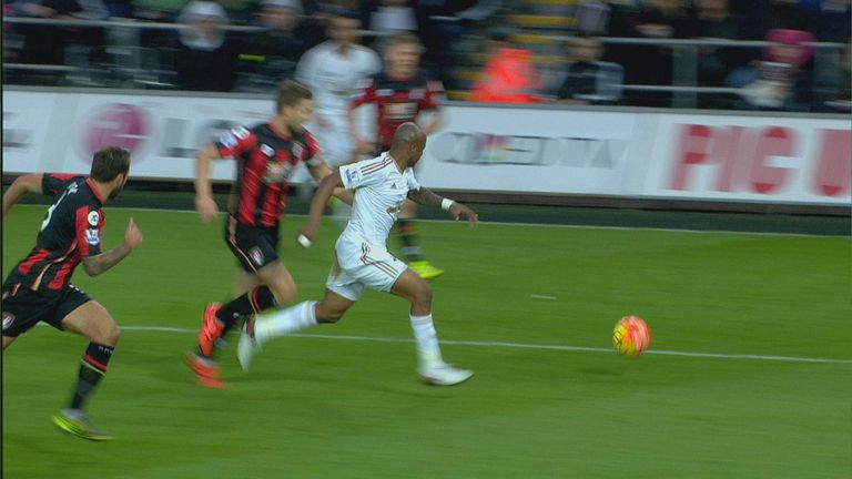 Simon Francis fouls Andre Ayew in the penalty area.