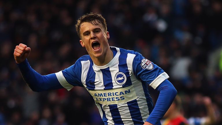 Solly March of Brighton and Hove Albion celebrates scoring during the Sky Bet Championship match between Brighton and Hov