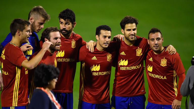 Ander Herrera, David de Gea, Juan Mata,  Diego Costa, Pedro, Cesc Fabregas and Santi Cazorla of Spain pose for a photo after training in Alicante