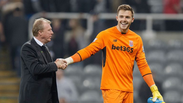Steve McClaren manager of Newcastle United shakes hands with Jack Butland of Stoke City