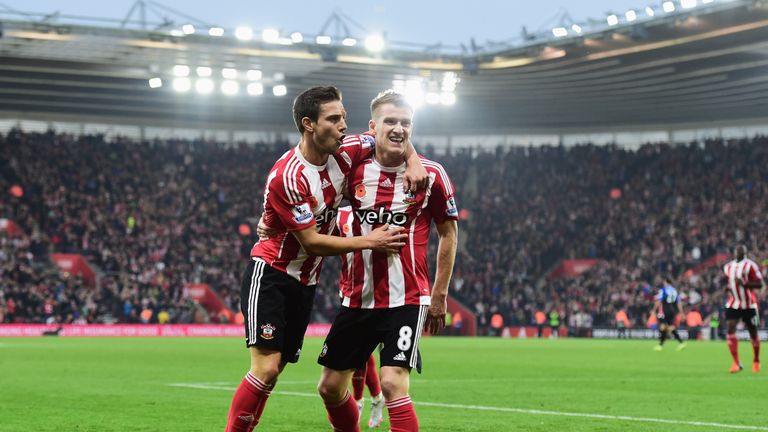 Steven Davis celebrates with Cedric Soares after putting Southampton 1-0 up against Bournemouth at St Mary's