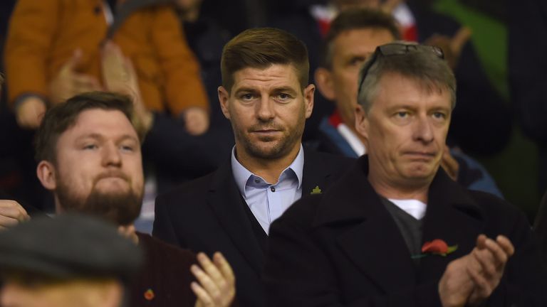 Steven Gerrard watches the players warm up ahead of the Premier League match between Liverpool and Crystal Palace