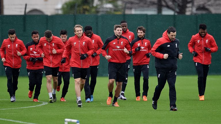 Steven Gerrard puts in the hard yards in Liverpool training at Melwood on Monday