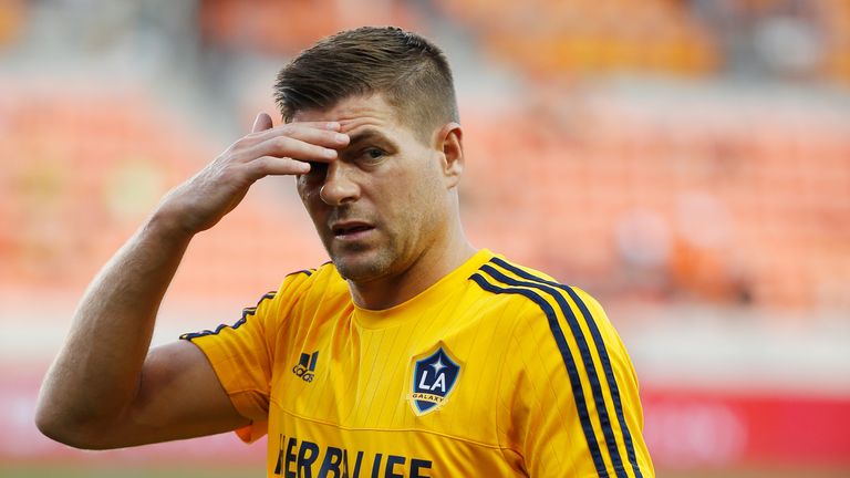 Steven Gerrard of the Los Angeles Galaxy works out on the field prior to the start of their game against the Houston Dynamo in MLS