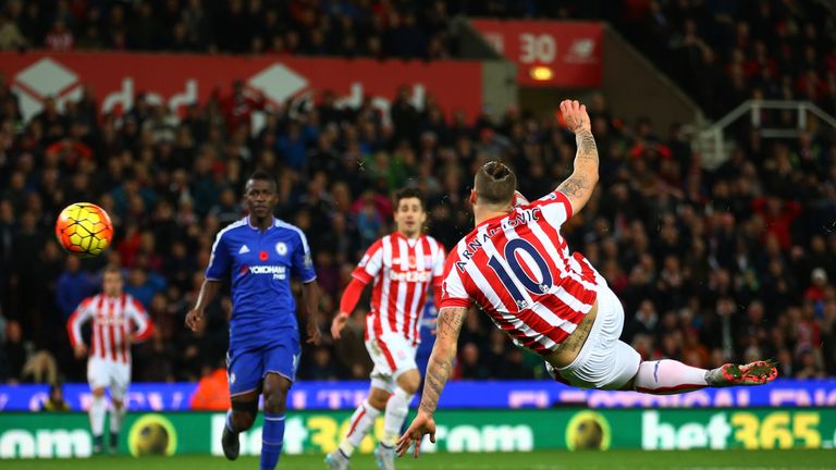 Marko Arnautovic of Stoke City scores his team's first goal during the Barclays Premier League match v Stoke City and Chelsea at Britannia Stadium