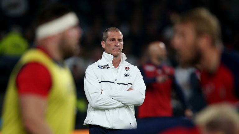 Stuart Lancaster the England head coach looks on during the 2015 Rugby World Cup Pool A match between England and Australia at Twickenham 