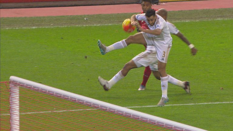 A penalty is awarded for a hand ball from Neil Taylor from a Jordan Ibe cross.