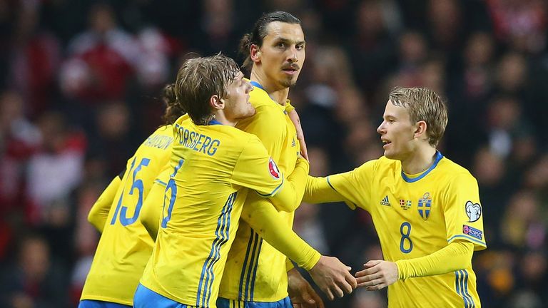 Zlatan Ibrahimovic of Sweden is congratulated by team mates after scoring the second goal 