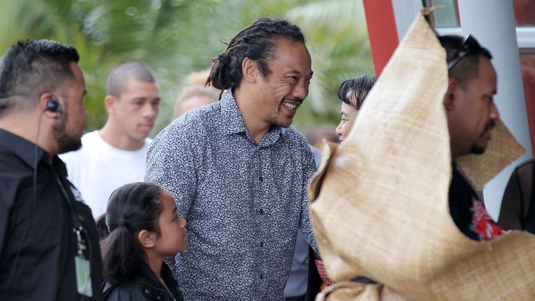 Former All Blacks captain Tana Umaga arrives for the Aho Faka Famili memorial for Jonah Lomu