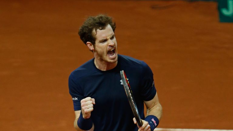 Andy Murray of Great Britain celebrates a point during the singles match against David Goffin of Belgium