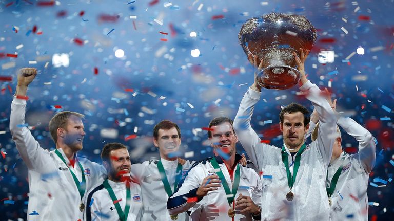 Andy Murray of Great Britain lifts the trophy following his team's victory during the Davis Cup Final