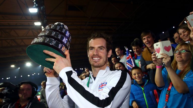 Andy Murray of Great Britain lifts the trophy following their Davis Cup Final victory