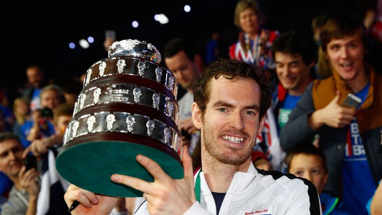 Andy Murray of Great Britain celebrates with the Davis Cup against Belgium