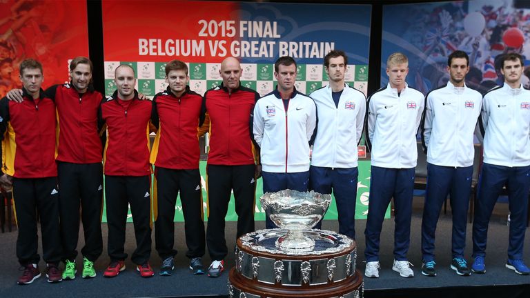 The Great Britain and Belgium Davis Cup teams pose for a photograph after the draw for the Davis Cup at the Flanders Expo Centre, Ghent.