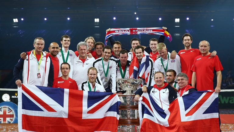 The Great Britain team celebrate with the Davis Cup following victory against Belgium