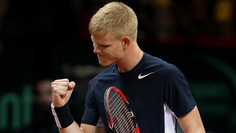 Great Britain's Kyle Edmund celebrates a point against Belgium's David Goffin during day one of the Davis Cup Final at the Flanders Expo Centre, Ghent.