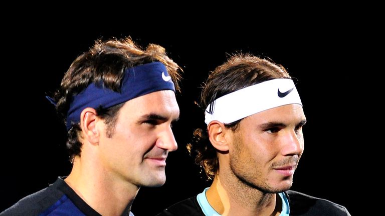 Roger Federer of Switzerland and Rafael Nadal of Spain pose prior the final match of the Swiss Indoors ATP 500 Basel