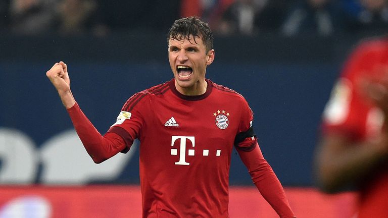 Thomas Muller celebrates after scoring for Bayern Munich against Schalke