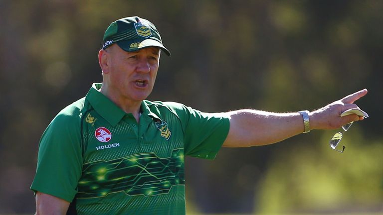 Coach Tim Sheens calls to his team during an Australian Kangaroos training session at Concord Oval on April 29, 2014 in Sydney