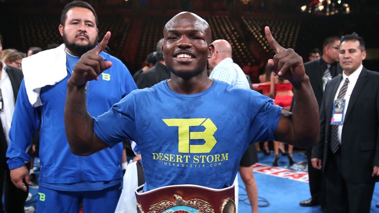 LOS ANGELES, CA - JUNE 27:  Timothy Bradley Jr. celebrates as he poses for photos after defeating Jessie Vargas in their Interim WBO World Title welterweig