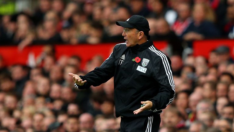 West Brom's Tony Pulis gestures during the Barclays Premier League match against Manchester United