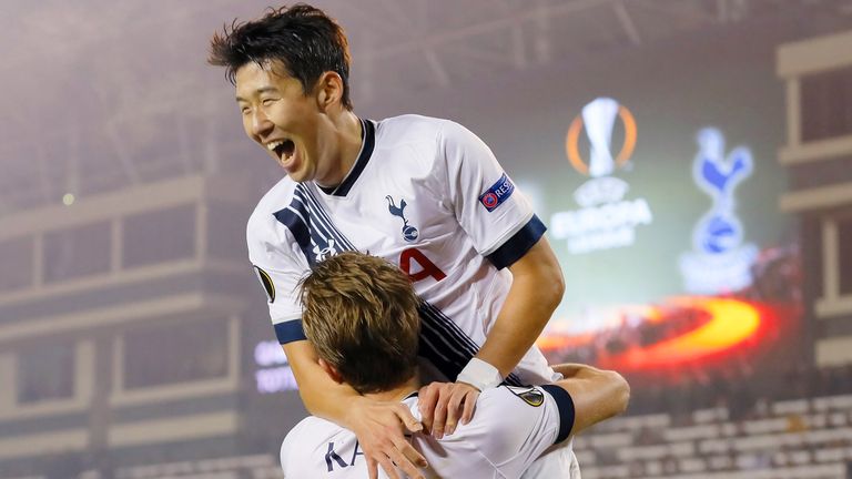 BAKU, AZERBAIJAN - NOVEMBER 26: Harry Kane of Tottenham Hotspur FC is congratulated on scoring the opening goal by Son Heung-min during the UEFA Europe Lea