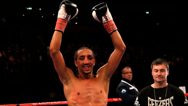Tyrone Nurse celebrates victory over Chris Jenkins during the vacant BBBofC British super lightweight title at Manchester Arena.